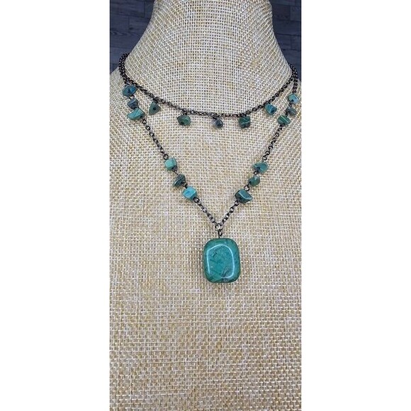 Natural Jadeite Layered Necklace Gun Metal Chain Large Square Pendant 14 1/2"L - Picture 2 of 3